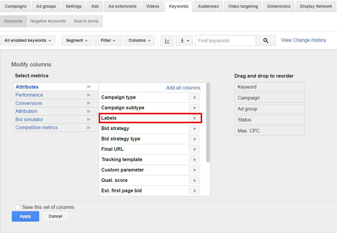 Adding Labels Column in AdWords | Disruptive Advertising