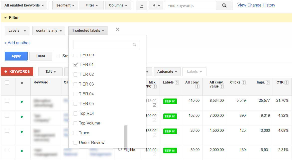 Creating a Keyword Tiering Filter in AdWords | Disruptive Advertising