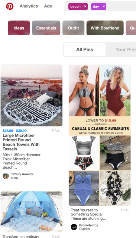 Pinterest's promoted pins searches