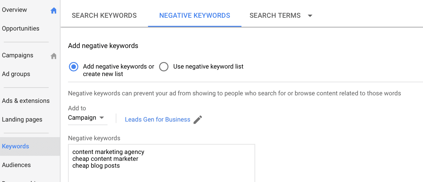 broad match negative keywords 