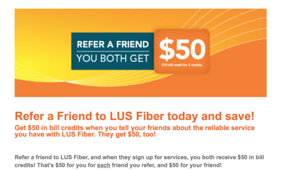 Refer a Friend promo example for LUS Fiber