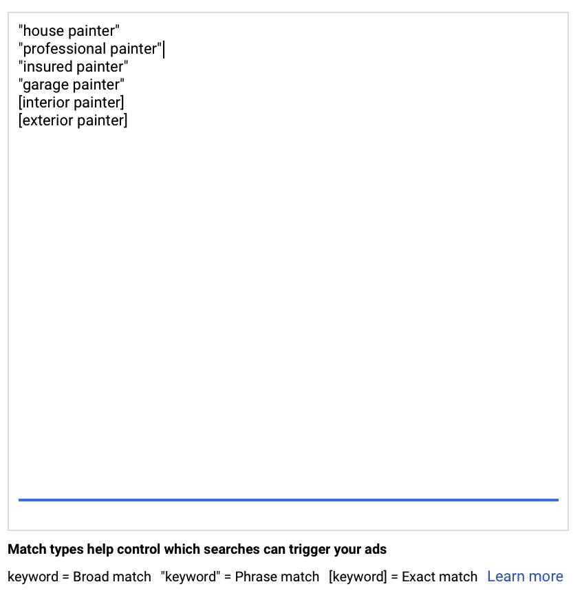 house painter keywords examples in Google Ads