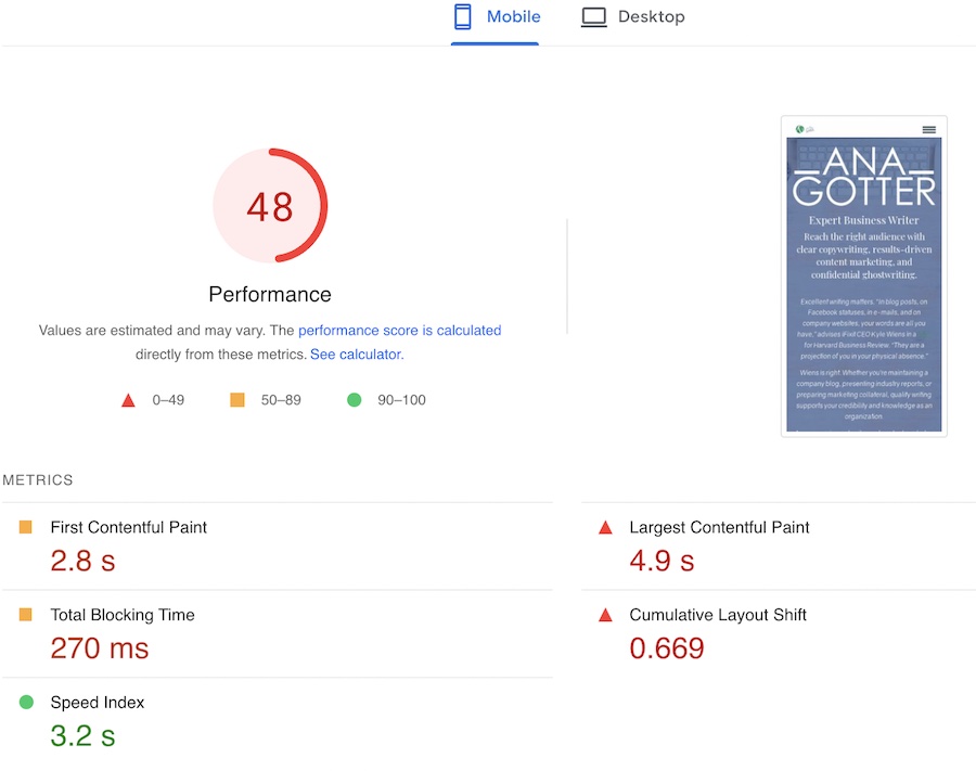 Mobile Lighthouse performance score example