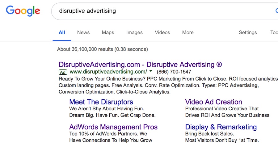 Sitelinks Google Ads asset example