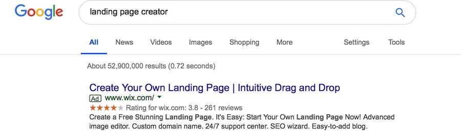 'landing page creator' example in Google Ads