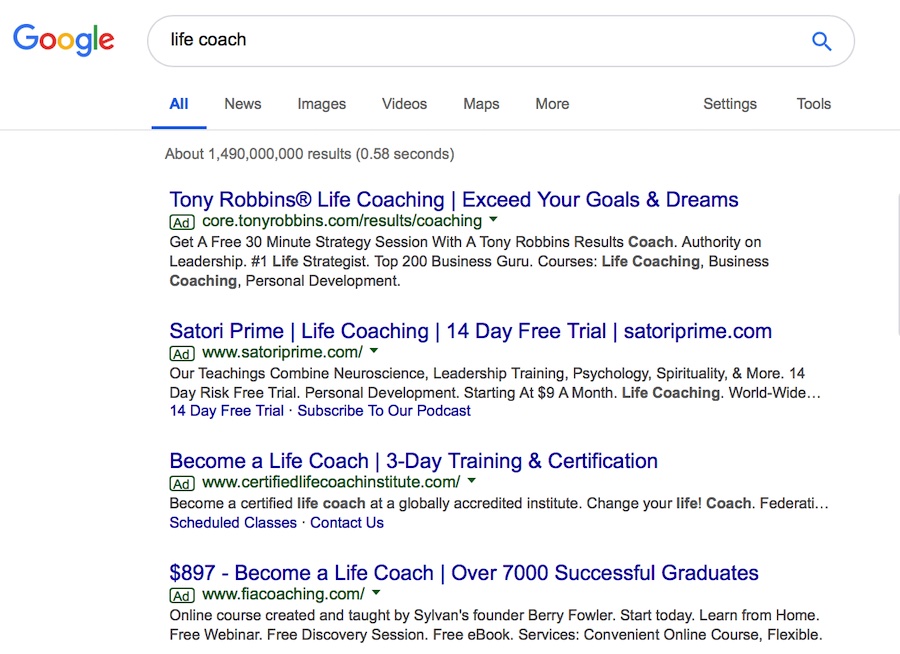 'life coach' keyword example in Google Ads