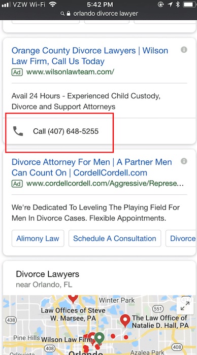 Call extension on mobile example for Google Ads