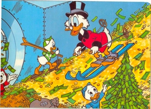 Scrooge McDuck skiing down a mountain of money