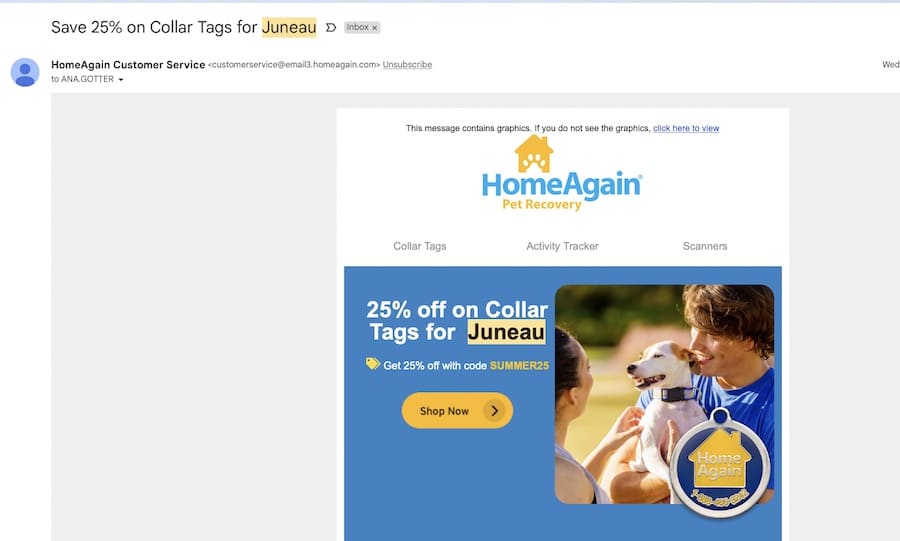 Email CTR example from HomeAgain of personalized dog name