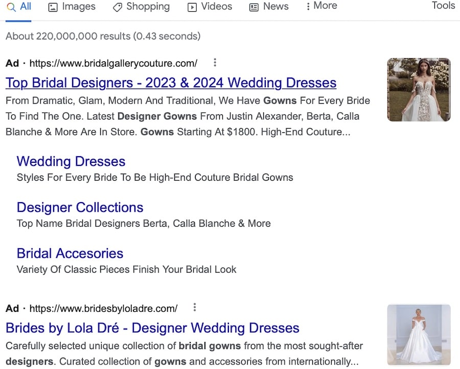 Google ads sitelinks extension used for bride dresses keyword