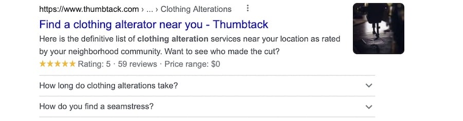 Structured data markup example of Thumbtack on Google