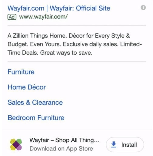 app extensions Google Ads example