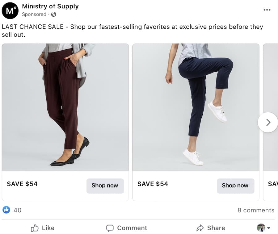 Facebook ad CTR example of Ministry of Supply shopping ad