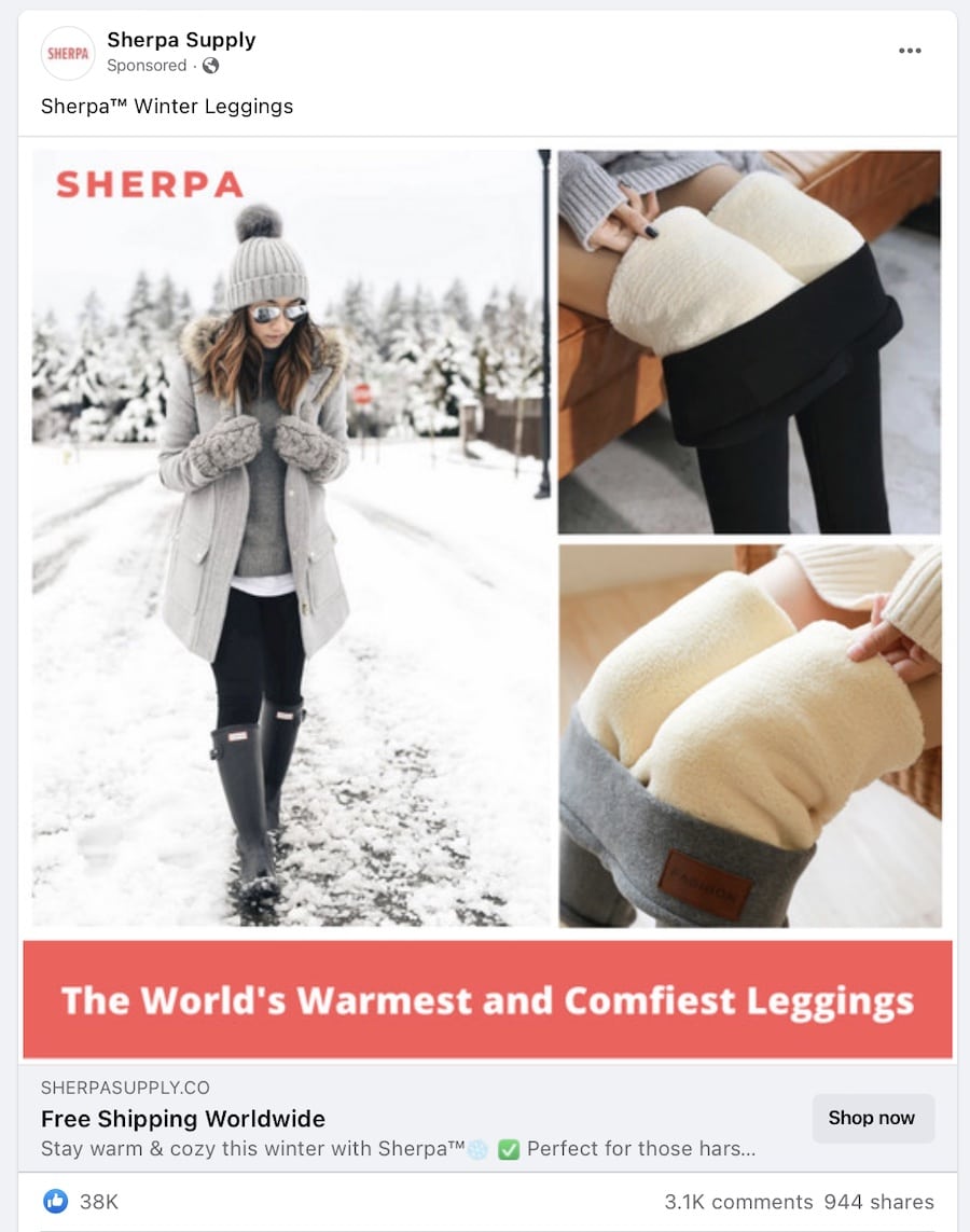 Facebook ad CTR example of Sherpa Supply