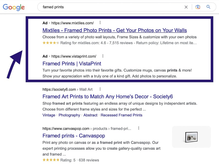 Google ad search results for framed prints