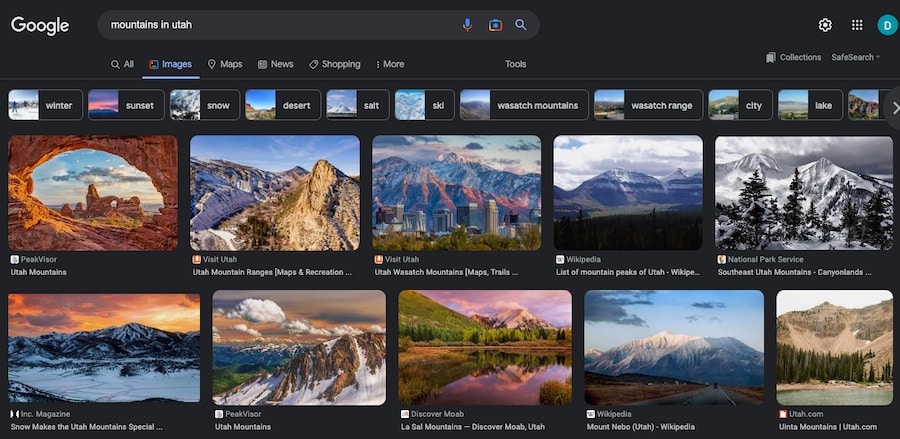 Google Images example showing "mountains in utah"