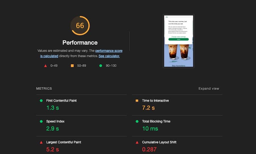 Google Chrome Lighthouse Performance Score example for mobile version of Starbucks site