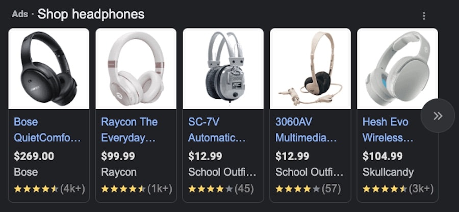 Google Shopping Ads images example for "headphones" query