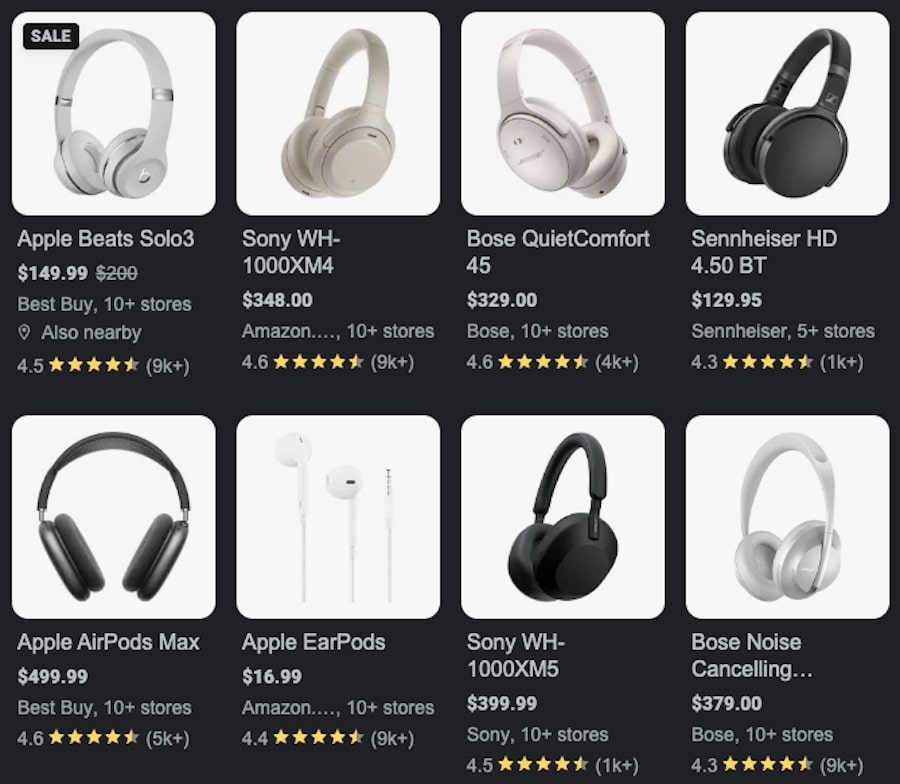 Google Shopping image examples for "headphones" query