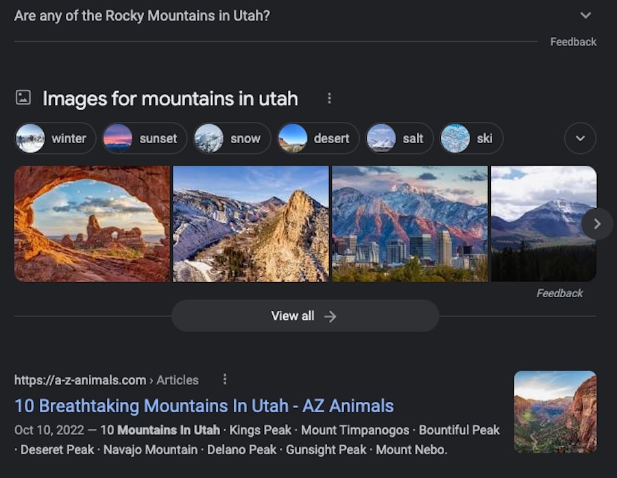 Images appearing in Google's SERPs near organic listings for "mountains in utah"