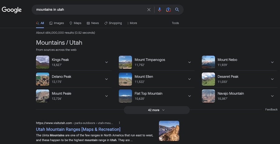 Google search results for "mountains in utah" showing optimized image results