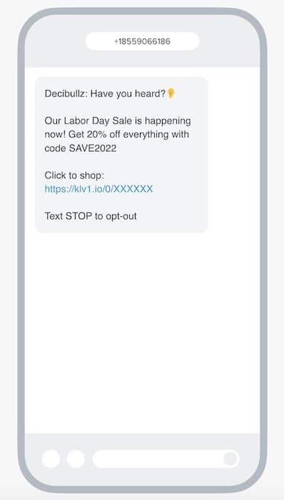 SMS text marketing example from Decibullz