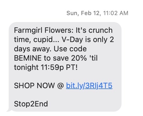 SMS text marketing example from Farmgirl Flowers