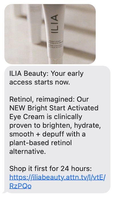 SMS text marketing example from ILIA Beauty