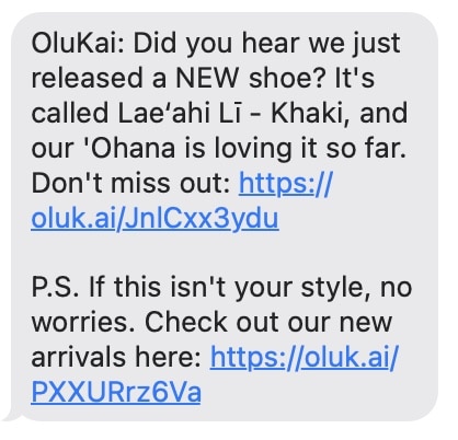 SMS text marketing example from OluKai