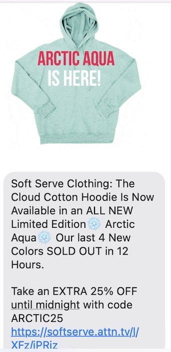 SMS text marketing example from Soft Serve Clothing