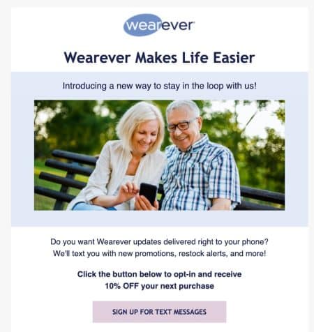 SMS text marketing example from Wearever
