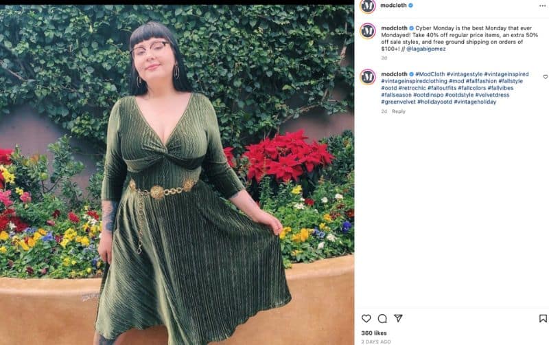 Woman in a green dress, example of UGC in action on ModCloth’s Instagram page