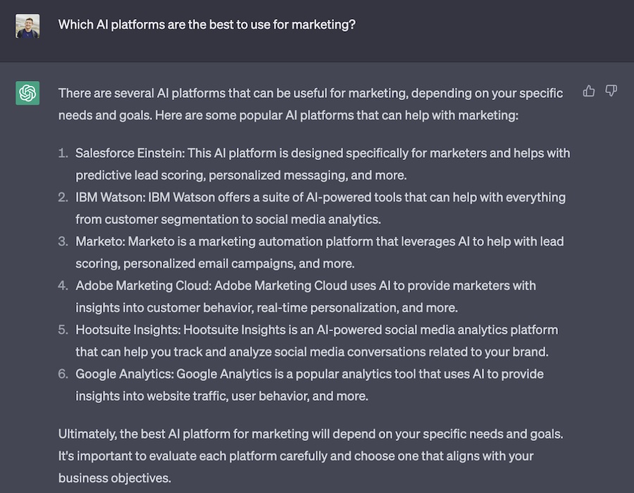 ChatGPT answer for Which AI platforms are the best for marketing?