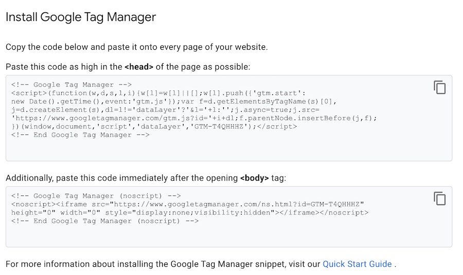 Installation code example in Google Tag Manager