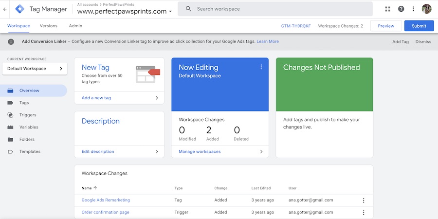 Google Tag Manager dashboard
