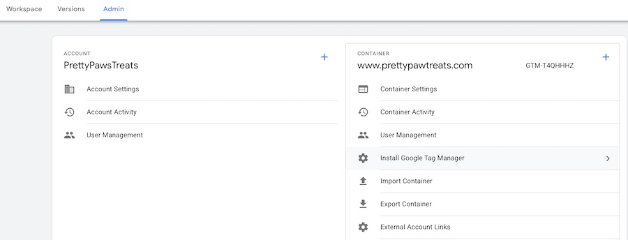 Admin section in Google Tag Manager