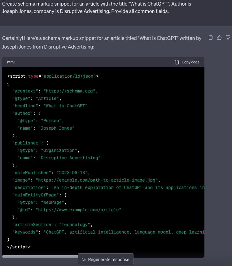 Schema markup example generated from ChatGPT