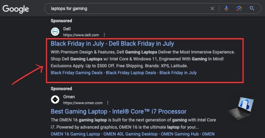 Google search ads sponsored listing example for "laptops for gaming" search query