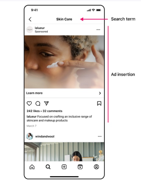 Instagram search ads example for "skin care" search query