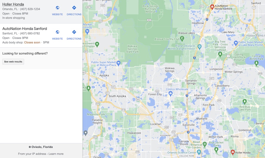 Map showing Honda locations