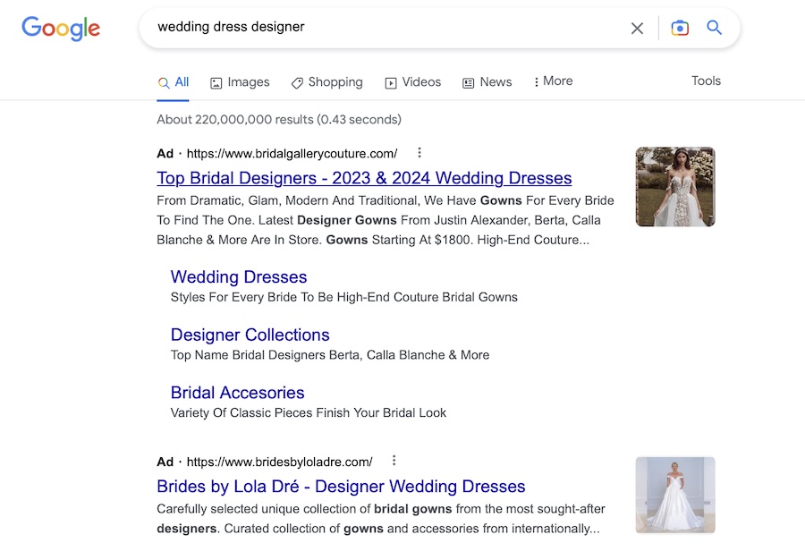 Google Ads asset comparison for wedding dress designer ads