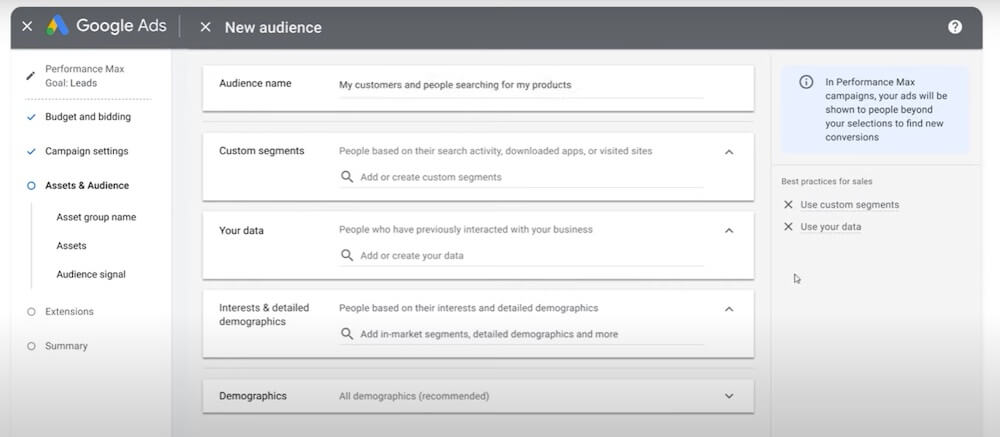 Choosing audience details in a PMax campaign