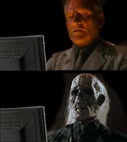 meme of a man looking at a computer screen then dying
