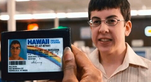 McLovin from Superbad smiling with fake ID