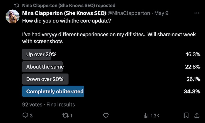 Nina Clapperton's survey results on the effects of Google's March 6th core update for AI content